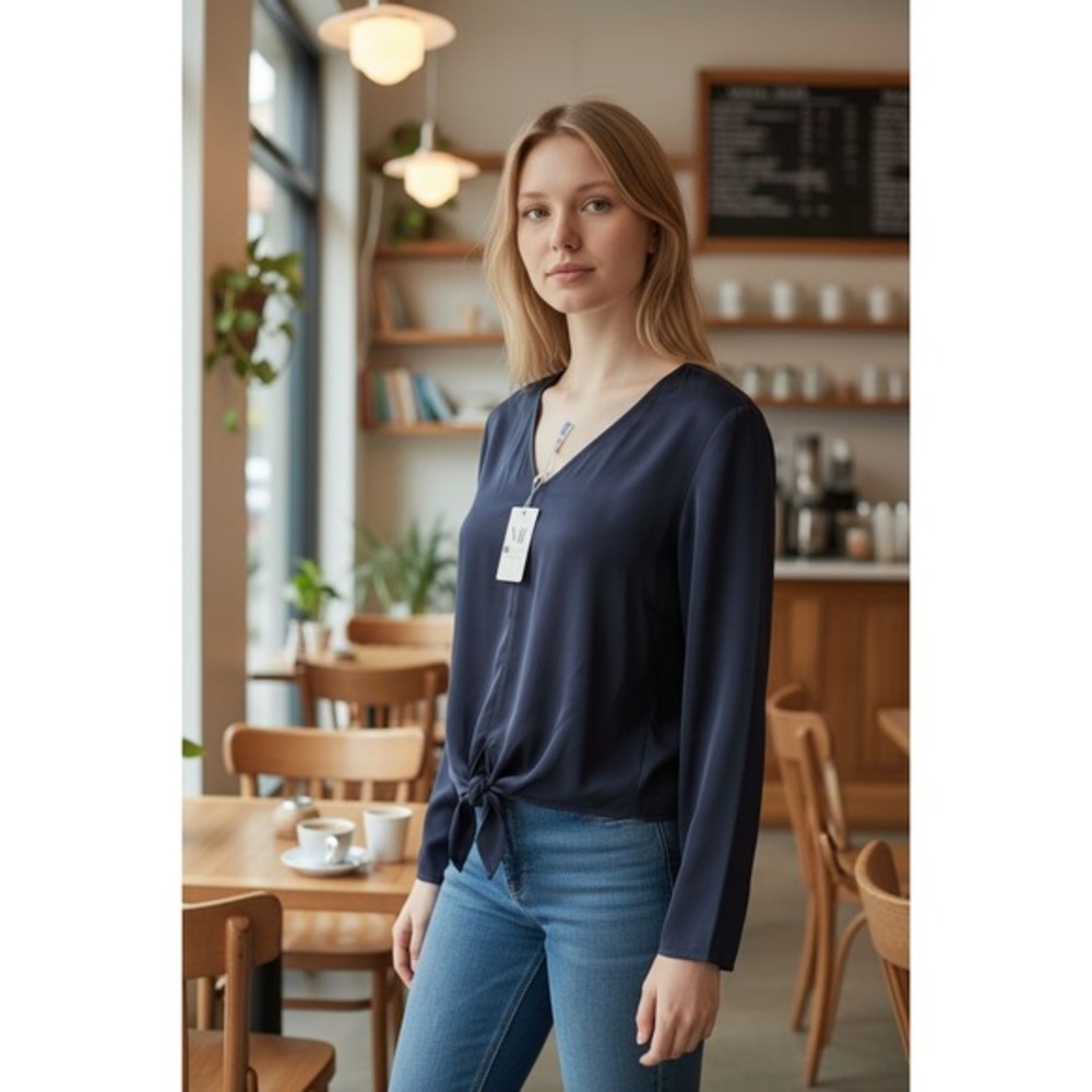 Women's Navy‎ Blue V-Neck Long Sleeve Tie Front Blouse Shirt Top